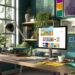 An AI generated image of a modern and creative workspace for an interior designer featuring a large window with natural light. The desk has a computer screen showing a webpage, design sketches, color swatches, and fabric samples in peacock blue, emerald green, eggplant purple, and black. The desk is also adorned with potted plants, a coffee cup, and design books. The background includes shelves with books and plants, and the walls are decorated with various framed art pieces and color samples. The overall atmosphere is professional and inspiring, suitable for design work.