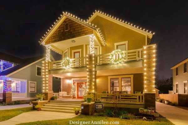 Traditional, historic craftsman style new home in Fort Worth Texas, dressed up with Christmas lights, garland and wreaths.  Happy Holidays, modern vintage style, from DesignerAnnilee.com