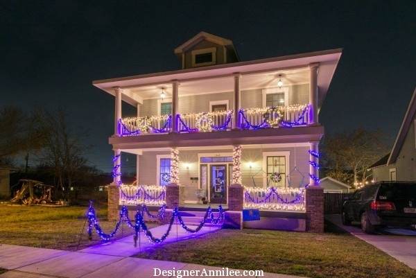 Traditional, historic foursquare style new home in Fort Worth Texas, dressed up with Christmas lights, garland and wreaths.  Happy Holidays, modern vintage style, from DesignerAnnilee.com